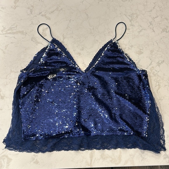 Free People Turn it On Swinging Sequins Lace Trimmed Tank Top Size Medium Blue - Picture 6 of 15